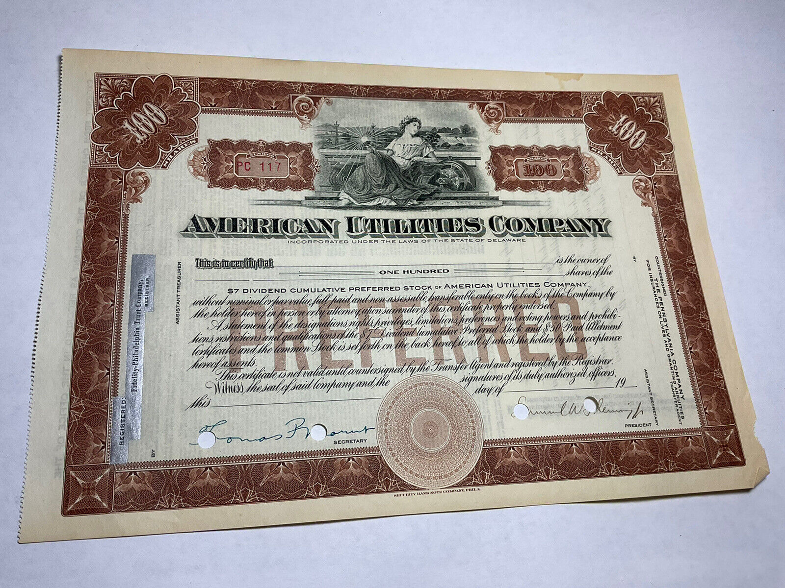 American Utilities Company Preferred Stock Certificate