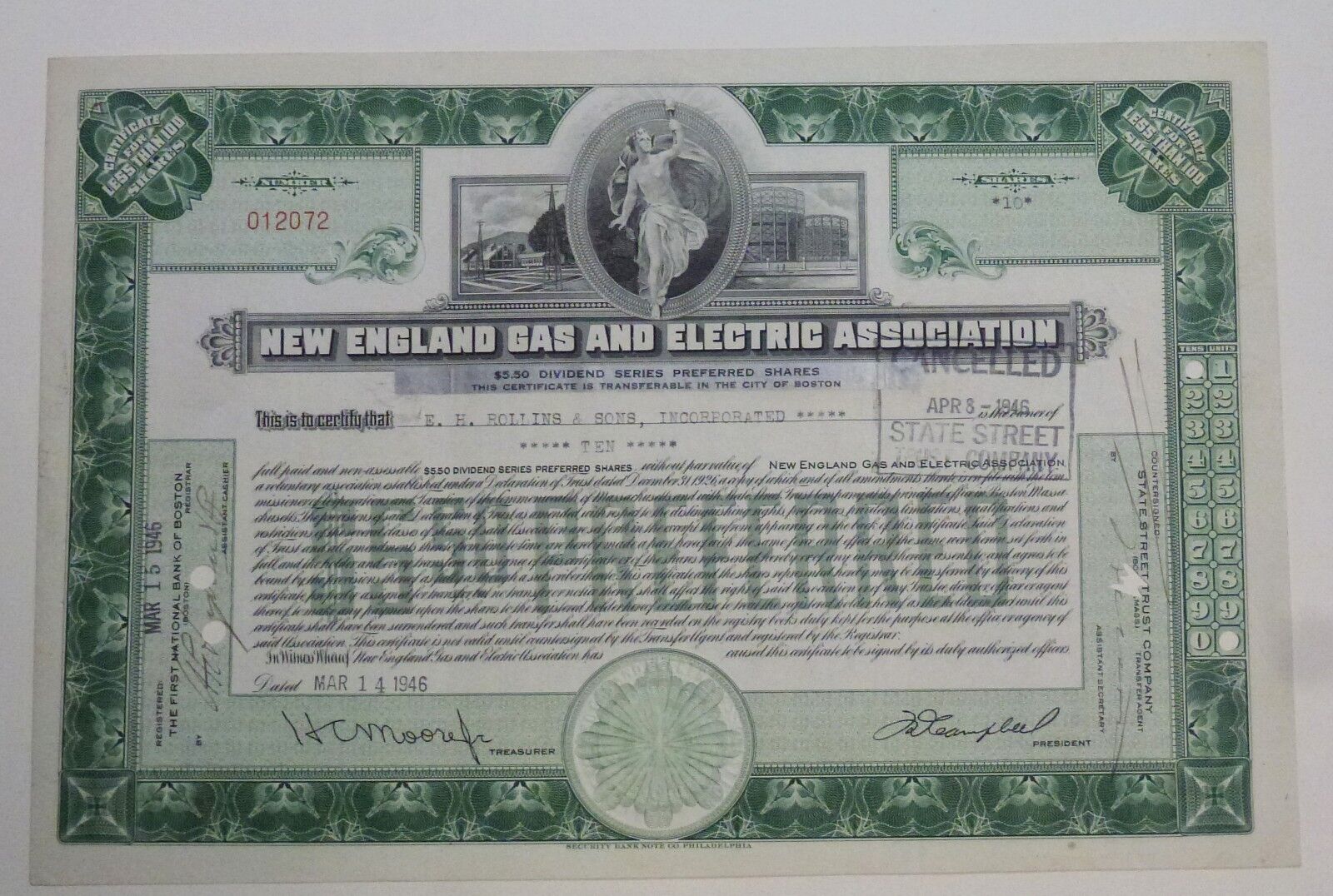 New England Gas And Electric Association Stock Certificate