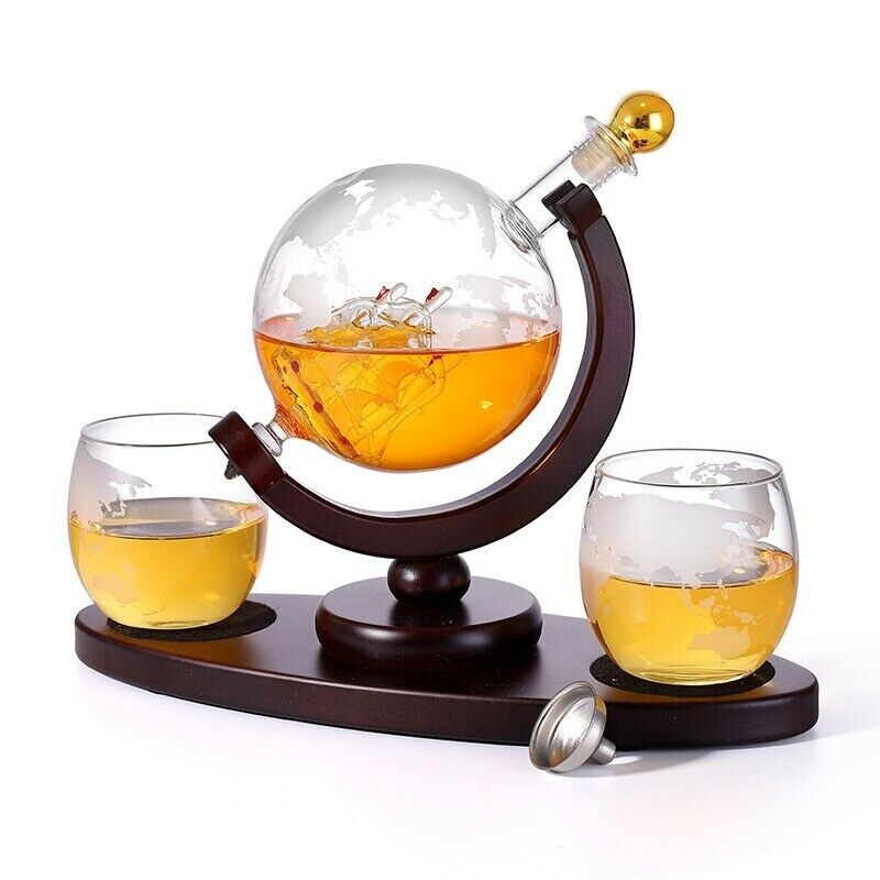 Whiskey Decanter Globe Set With 2 Etched Globe Whisky Glasses Liquor Vodka 850ml