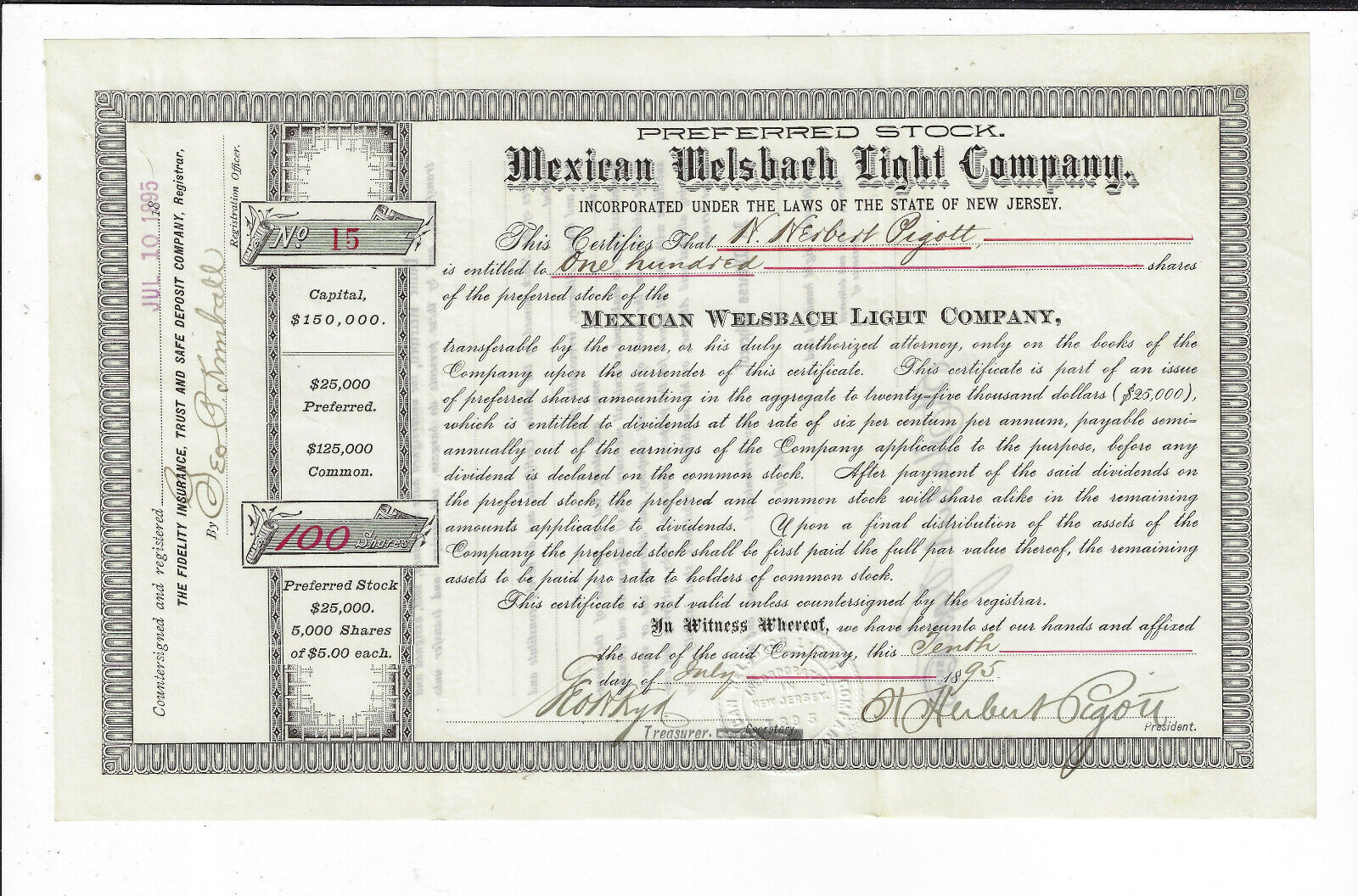 New Jersey 1895 Mexican Welsbach Light Company Stock Certificate #15