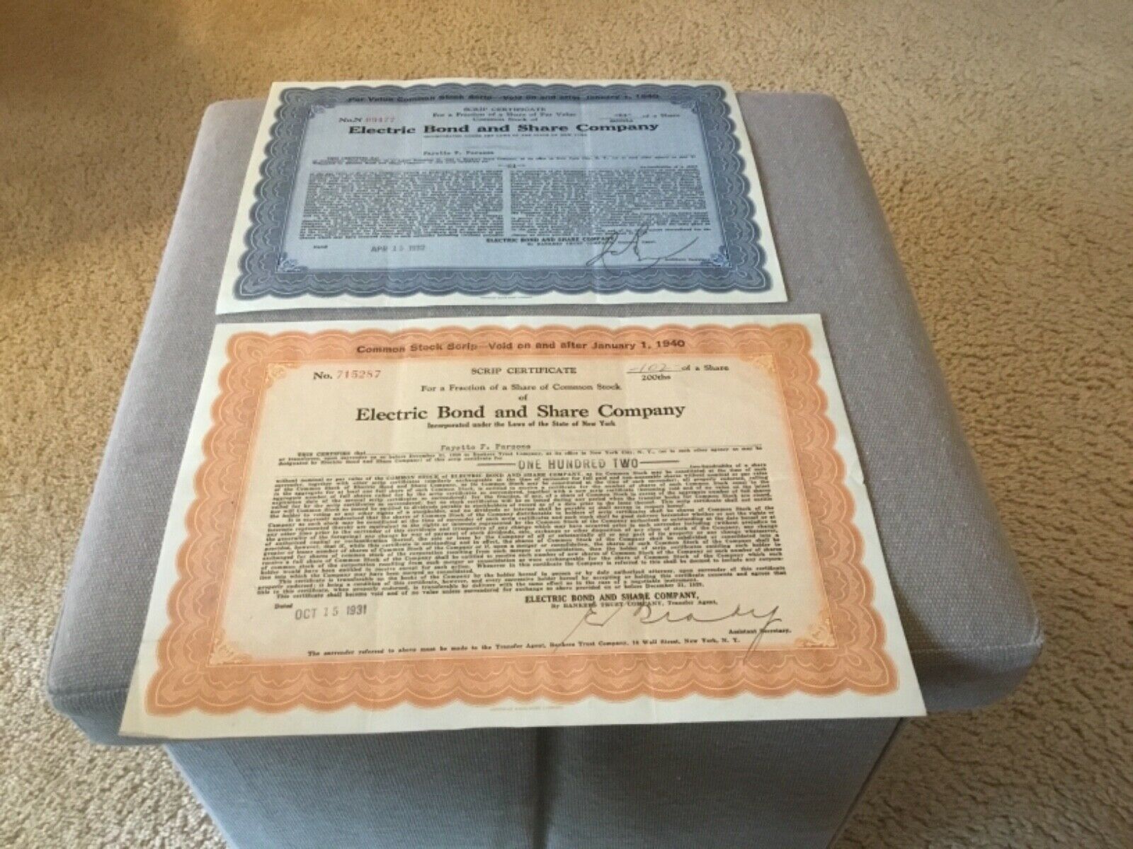 Electric Bond & Share Co. New York. 2 Scrip Certificates. 1931 & 32.