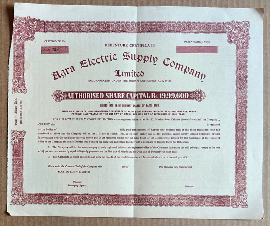 Agra Electric Supply Company Calcutta India Indian Stock Certificate