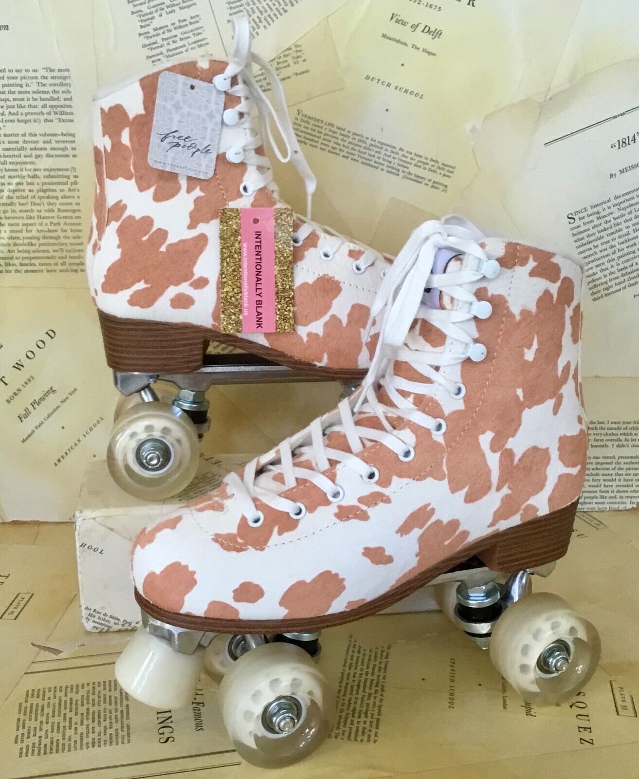 Free People Intentionally Blank Roller Rink Skates Taupe Moo Calf Hair 40/9 Nwt